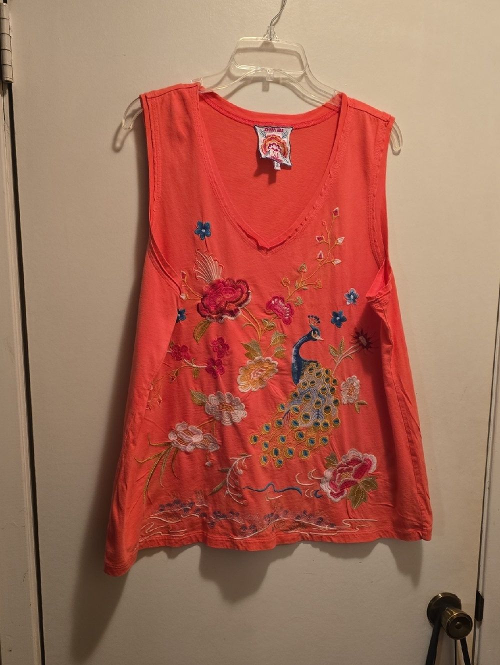 Embroidered Coral Johnny Was Sleeveless Top with Peacock Motif